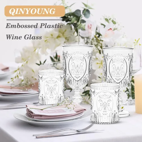 Miniatura 7 de Qinyoung 24 Vasos de Plástico Vintage para Beber de 8.5oz Copas de Vino Retro en Relieve Sin Pie Irrompibles Reutilizables para Baby Shower Negro