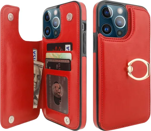 Miniatura 29 de ONETOP Funda tipo cartera para iPhone 13 Pro Max con soporte para tarjetas, anillo de rotación de 360°, función atril, bloqueo RFID, piel sintética