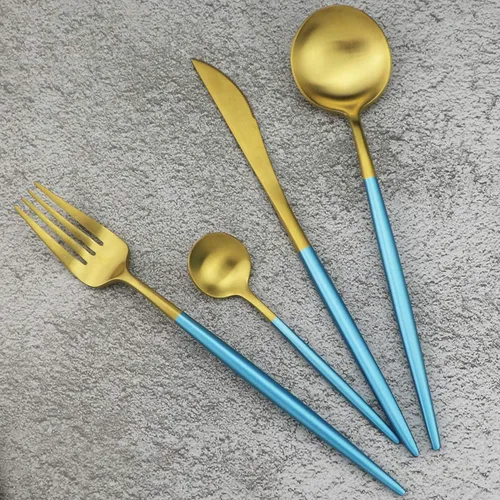 Miniatura 11 de Juego de cubiertos de oro mate, 5 piezas de acero inoxidable 18/10 con acabado satinado, servicio para 1, cuchara tenedor de cuchillo con pajitas