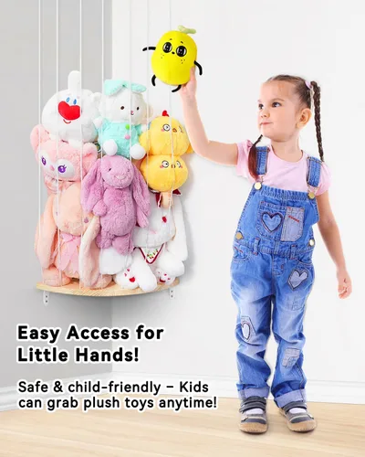 Miniatura 3 de Red de Almacenamiento de Animales de Peluche de Esquina - Organizador de Animales de Peluche de Madera de Altura Ajustable - Soporte de Felpa