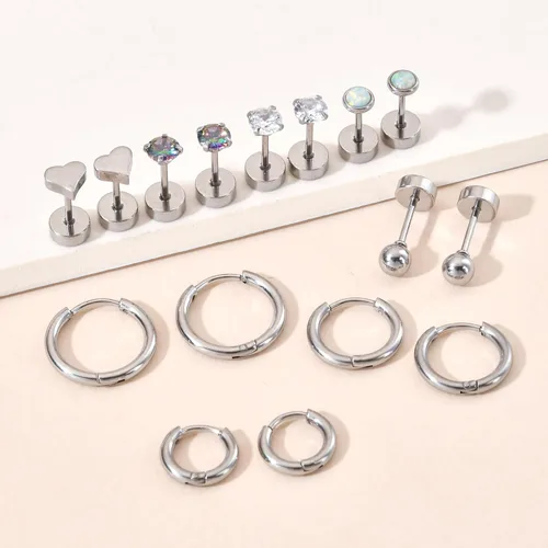 Miniatura 6 de Versátiles 8 pares de aretes de titanio para orejas sensibles, ópalo de bola de punto, circonita cúbica, calibre 20, juego de aretes de titanio puro