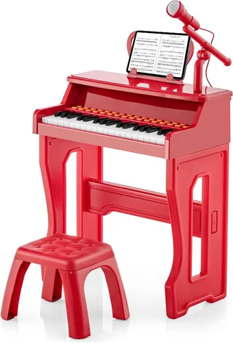 HONEY JOY Piano para niños, piano de teclado rojo de 37 teclas para niños con soporte de música y banco, regalo para bebés con micrófono,