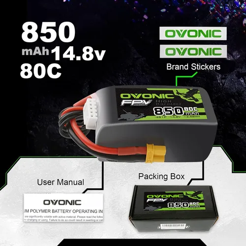 Miniatura 5 de OVONIC 80C 4S 850mAh Lipo Batería 14.8V con XT30 Plug para Cinewhoops 2pcs