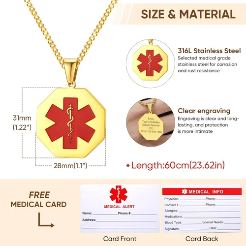 Miniatura 129 de VNOX Collar con colgante personalizado de acero inoxidable con grabado personalizado para identificación de alerta médica de emergencia para hombres
