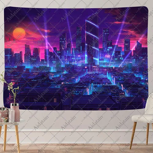 Aidatain Tapiz de ciudad punk con paisaje urbano fresco para niños, tapiz tecnológico de franela de tamaño pequeño de 60 x 40 pulgadas, tapiz para