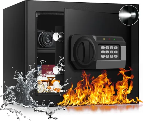 Miniatura 10 de Caja de seguridad pequeña contra incendios de 1.3 pies cúbicos para el hogar, caja de seguridad ignífuga con teclado digital, llaves de repuesto