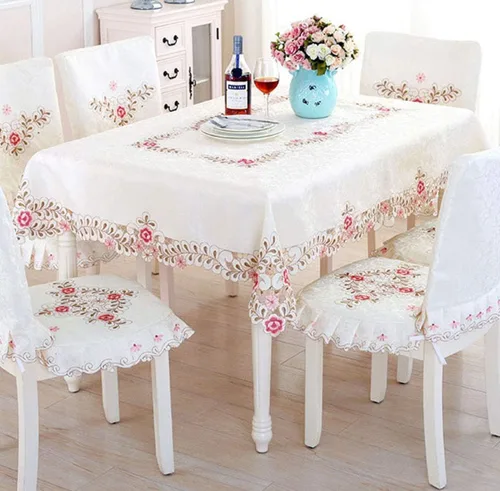 Miniatura 11 de LeLehome - Mantel de encaje bordado con flores cafés, color crema y beige, diseño clásico y tela que no se arruga para mesa de comedor