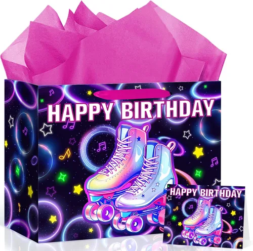 Patinaje sobre ruedas para decoración de cumpleaños, bolsa de regalo de cumpleaños con papel de regalo y tarjeta, bolsa de papel grande y colorida