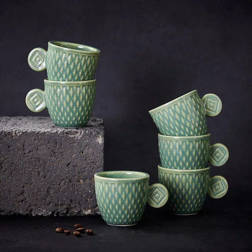 Miniatura 2 de Tazas de café expreso de cerámica vintage, tazas Demitasse de 3 onzas, tazas de café expreso pequeñas en relieve únicas (verde)