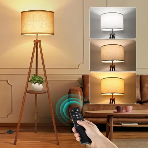 Miniatura 36 de OUTON - Lámpara de pie de trípode de madera con estantes, lámpara de pie de mediados de siglo con control remoto, 4 temperaturas de color, lámpara