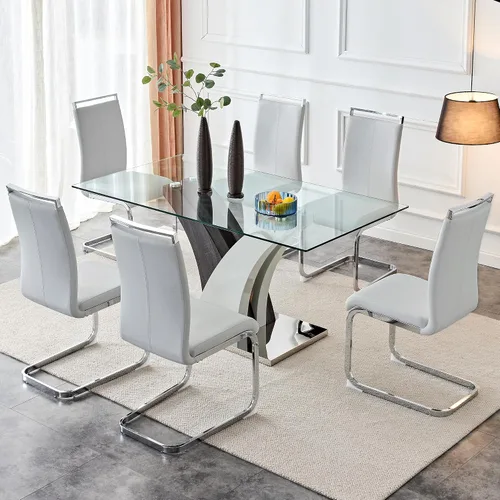 Miniatura 11 de AZmac Juego de mesa de comedor de cristal para 4, juego de mesa de comedor de 63 pulgadas para 4, mesa de cocina moderna y 4 sillas de comedor