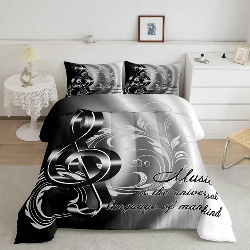 Miniatura 13 de Juego de ropa de cama con música de piano, tamaño matrimonial, juego de edredón de notas musicales en blanco y negro, 3 piezas, silueta de Multi 10