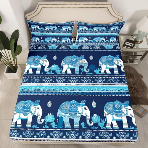Juego de sábanas bajeras de elefante, tamaño individual, exótico, bohemio, paisley, floral, para niños, niños, étnico, tribal y vida silvestre,