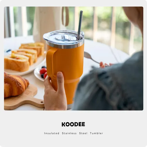 Miniatura 6 de koodee Vaso con asa, vaso de acero inoxidable de 30 onzas con aislamiento de doble pared con tapa y popote para café para hombres y mujeres