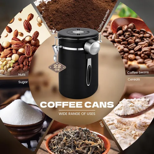 Miniatura 6 de Recipientes de café con ventana, cuchara y tapa hermética de acero inoxidable para almacenamiento de granos de café en la cocina (22 oz/negro)