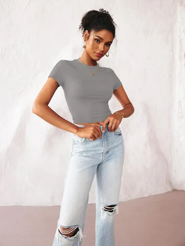 Miniatura 2 de TECREW Camiseta corta de verano para mujer, de manga corta, estilo casual, básica, cuello redondo, ajustada