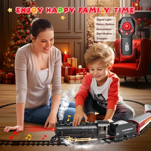 Miniatura 4 de Conjunto de Tren Hot Bee para Niños, Juego de Tren de Navidad con Control Remoto con Locomotora de Vapor, Coches de Pasajeros Ligeros y Pistas