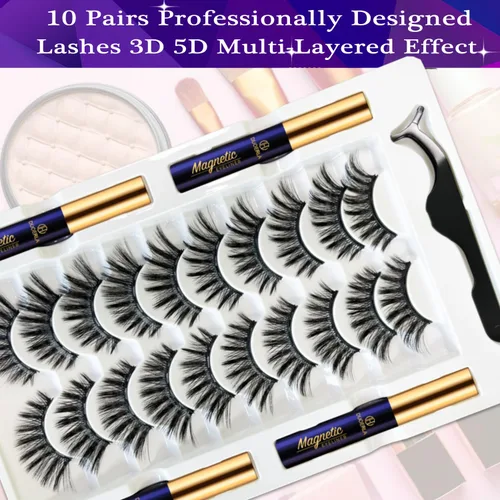 Miniatura 3 de DUOERLA - Pestañas magnéticas de aspecto natural, kit de pestañas magnéticas 3D de ojo de gato con delineador de ojos, 10 pares de 1 estilo más