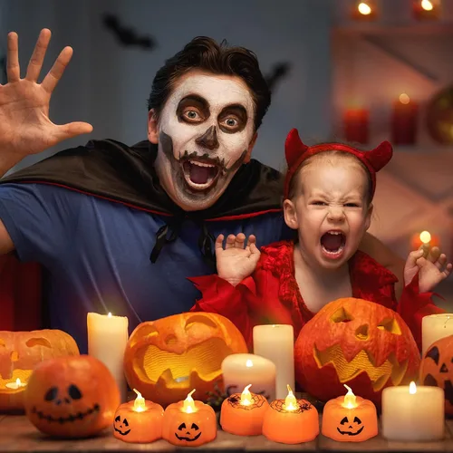 Miniatura 3 de Litake Luces LED de calabaza de Halloween, paquete de 12 luces de té parpadeantes de Jack-O'-Lantern, velas de calabaza que funcionan