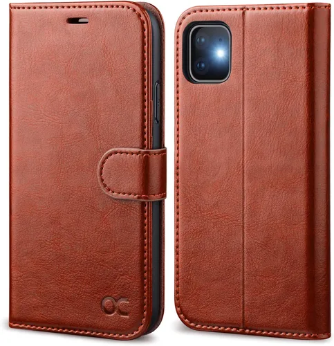 OCASE Funda tipo cartera compatible con iPhone 11 con tarjetero y soporte para tarjetas, funda de piel sintética con función atril y cierre Marrón