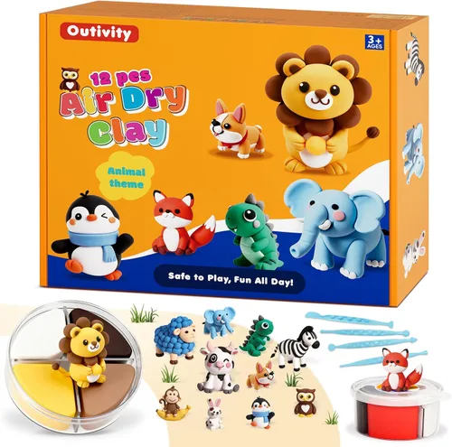 Kit de arcilla seca al aire para niños, 12 manualidades de animales, modelo de arcilla mágica, kits de arcilla con herramientas de escultura y Kit