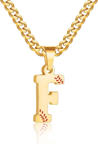 Miniatura 54 de Avotto Collar de béisbol con letra inicial de la A a la Z para niños y hombres, cadena cubana de acero inoxidable resistente que no se decolora