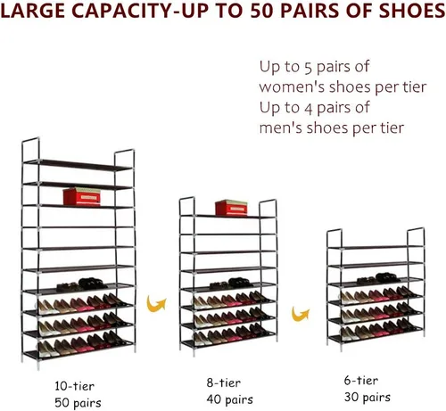 Miniatura 2 de Zapatero de 10 niveles, 50 pares de organizador de zapatos de tela no tejida, gabinete organizador de torre de zapatos, estante de ahorro de espacio