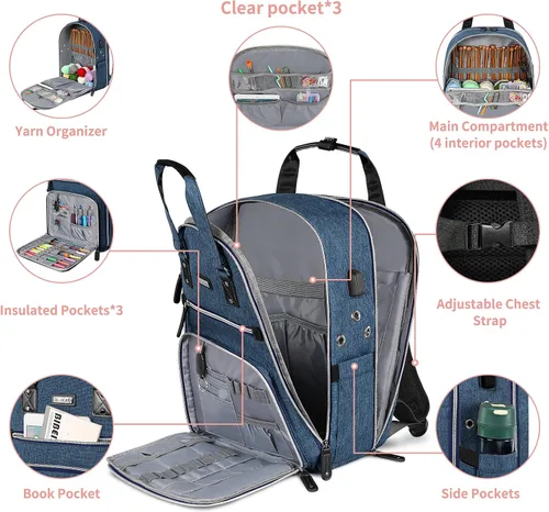 Miniatura 3 de SINVICKO Bolsa de ganchillo, mochila de tejido y organizador de bolsas con puerto de carga USB, bolsa grande de almacenamiento de hilo Azul