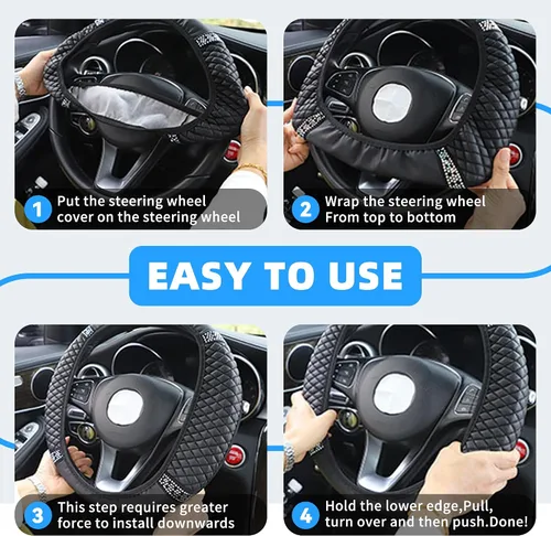 Miniatura 3 de Funda brillante para volante de automóvil, 15 pulgadas, con diamantes de imitación de cuero suave, protector elástico para volante, diamante