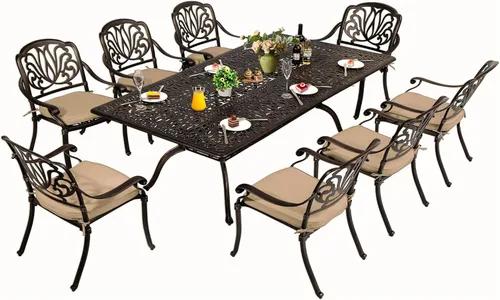 Miniatura 8 de TITIMO Juego de comedor de 7 piezas de aluminio fundido para patio, muebles de comedor al aire libre, juego de conversación de patio, mesa