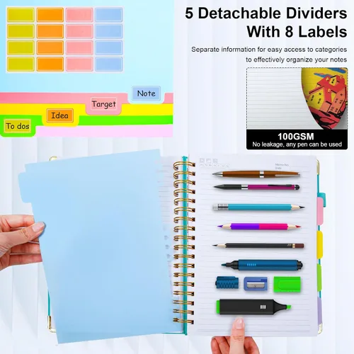 Miniatura 5 de Cuaderno de espiral de tapa dura de 6.2"x 8.2", cuaderno con pestañas y divisores removibles de 300 páginas, cuaderno de 5 divisiones con rayas