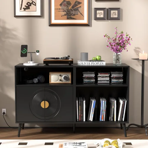 Fiogmub Soporte grande para tocadiscos, soporte giratorio de mediados de siglo con puerta, mesa para tocadiscos con capacidad para hasta 350