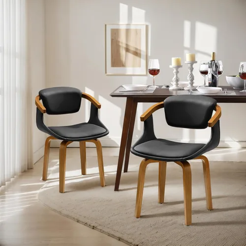 Miniatura 12 de Zouron Silla de escritorio sin ruedas, moderna silla de oficina de madera, silla de cuero sintético con brazo para sala de estar, dormitorio