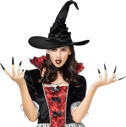 Miniatura 2 de Sombrero de bruja de Halloween, color negro, grande, fruncido para mujeres y hombres, gorra puntiaguda de mago, accesorios de disfraz de cosplay