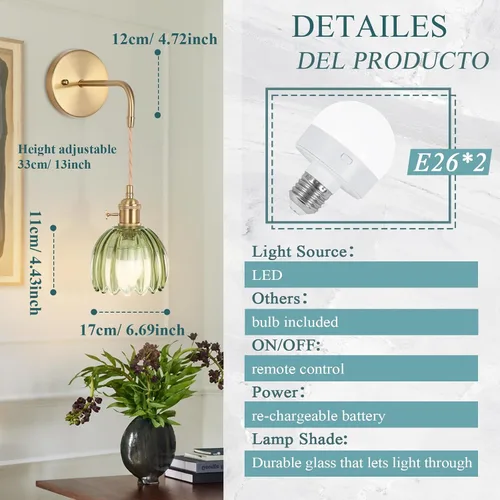 Miniatura 4 de Aplique de Pared Operado por Batería, Apliques de Pared para Interiores no Cableados Apliques de Pared con Pantalla de Vidrio Verde Profundo con RGB