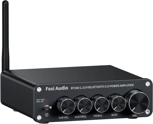 Fosi Audio BT30D Bluetooth 5.0 Amplificador de receptor de audio estéreo de 2.1 canales, mini Hi-Fi Clase D, amplificador integrado de 50 vatios