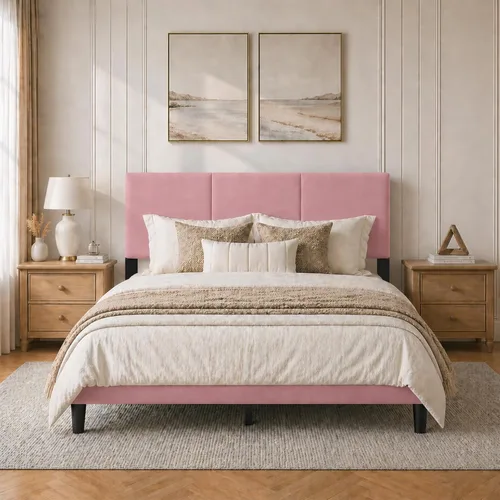 Miniatura 12 de Marco de cama tamaño completo con cabecero – Elegante marco de cama plataforma tapizado con canales verticales acolchados de servicio pesado
