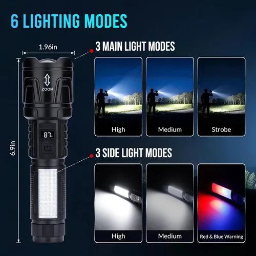 Miniatura 3 de Linterna recargable de alto lúmenes, 2 paquetes, 1,500,000 L, linternas LED con zoom de alta potencia, luz táctica súper brillante con 6 modos, luz