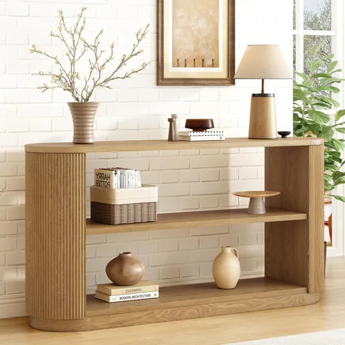 Miniatura 21 de 50" Modern Art Sculptural Console Table, Oval Cutout Legs, Wood Veneer, Thick Rounded Tabletop, Contemporary Entryway Sofa Table for Living Room