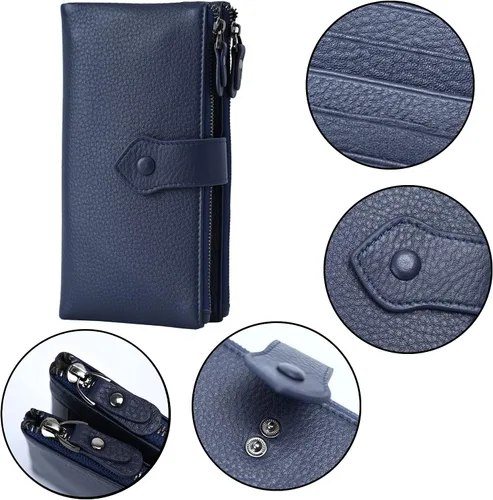 Miniatura 3 de Bveyzi Carteras delgadas de cuero suave para mujer, con bloqueo RFID, doble bolsillo con cremallera