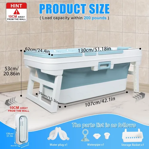 Miniatura 2 de Bañera portátil plegable para adultos, bañera de hielo, bañera independiente de 51 pulgadas para ducha, bañera de sentada, bañera plegable