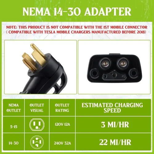 Miniatura 3 de Nezyo Adaptador NEMA 14-30 compatible con conector móvil Tesla Gen 2, 240V 14-30 Adaptador de cargador de salida de secadora de 4 clavijas