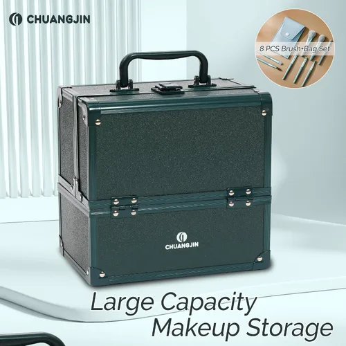 Miniatura 7 de Estuche de Maquillaje 2 Bandejas Caja Organizadora de Maquillaje Estuche de Maquillaje de Viaje Portátil con Cerradura Organizador de Almacenamiento