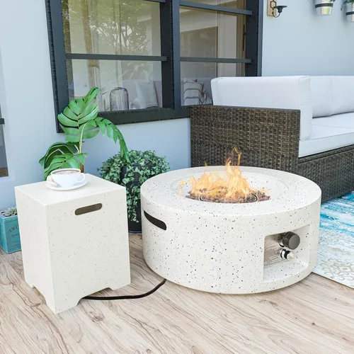 Miniatura 11 de HOMPUS Fogata de propano para exteriores, 40,000 BTU de 28 pulgadas, mesa redonda de hormigón de terrazo blanco con rocas de lava y cubierta