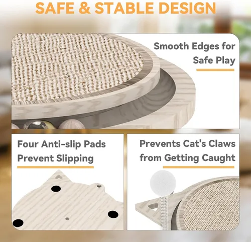Miniatura 4 de Tablero rascador para gatos con sisal natural, juguete interactivo para gatos con bola de resorte, almohadilla rascador duradera para gatos