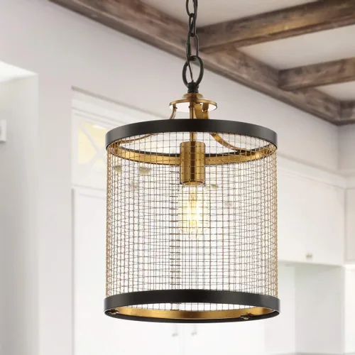Miniatura 4 de JONATHAN Y JYL9530A - Farol colgante de hierro con 1 luz, color negro y dorado de 10 pulgadas, luz colgante de tambor contemporáneo para isla