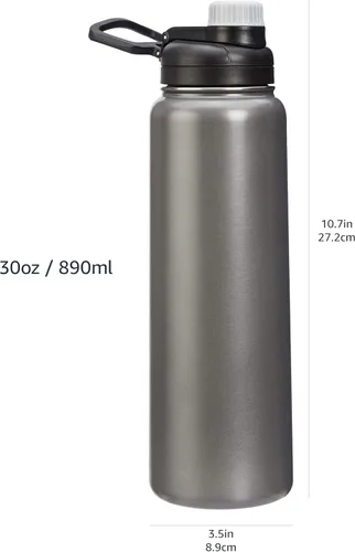 Miniatura 7 de Amazon Basics Botella de agua grande con aislamiento de acero inoxidable, tapa de boquilla, 30.1 onzas, gris