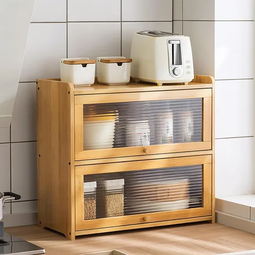 Miniatura 13 de Armario de almacenamiento de bambú de 3 niveles, aparador de encimera de despensa de cocina con estante organizador de puerta abatible