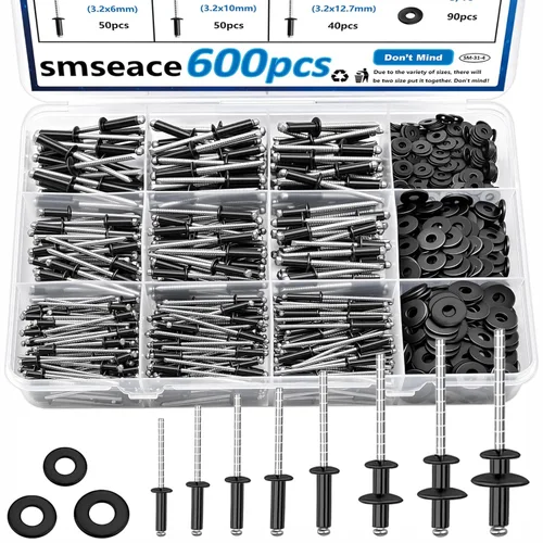 smseace 600 Piezas Remaches Pop Negros de Acero Inoxidable con Arandela Kit Surtido 8 Tamaños Remaches de Acero Inoxidable (1/8 Pulgada 5/32 Pulgada