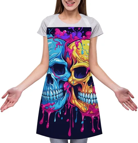 Miniatura 3 de Personalized Two Different Skulls Adult Apron, Kitchen Cooking Aprons for Woman Man, Adjustable Bib Apron with Pocket for Baking, BBQ Crafting